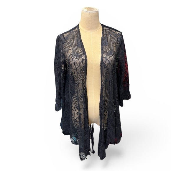 Black Lace Kimono Cardigan Sheer Floral Scalloped Handkerchief Hem OS Resortwear - Picture 2 of 9